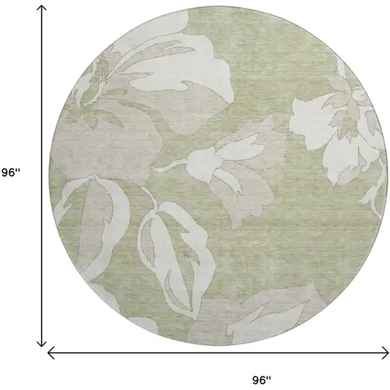 8' Artichoke Green And Ivory Floral Washable Round Rug With UV Protection Photo 8
