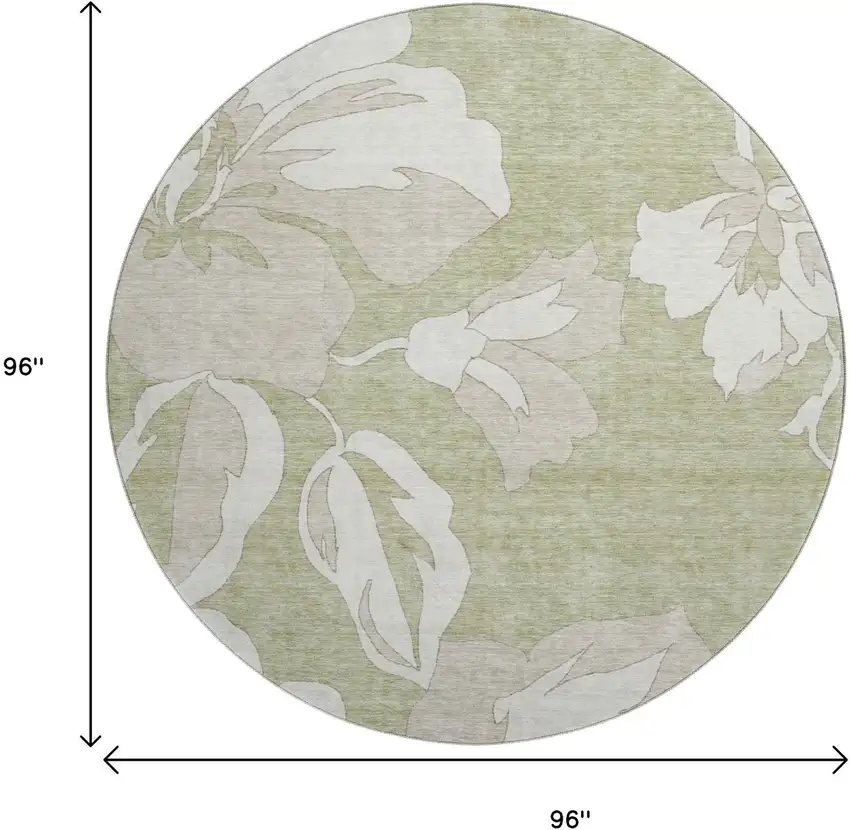 8' Artichoke Green And Ivory Floral Washable Round Rug With UV Protection Photo 8