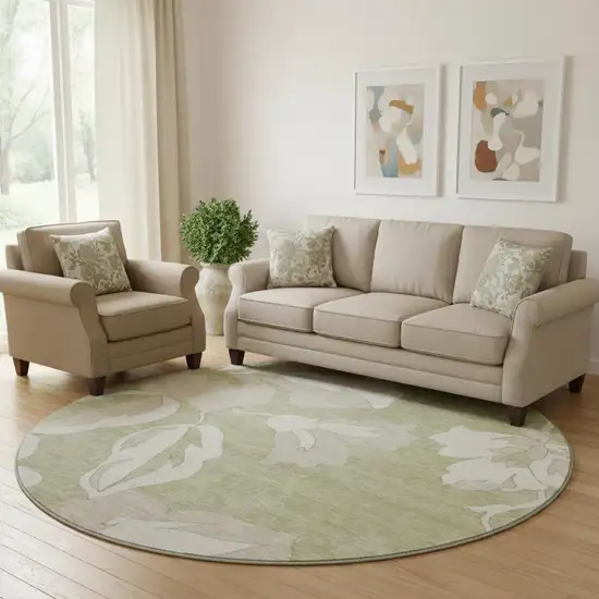 8' Artichoke Green And Ivory Floral Washable Round Rug With UV Protection Photo 1