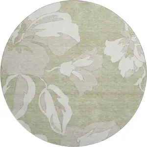 Photo of 8' Artichoke Green And Ivory Floral Washable Round Rug With UV Protection