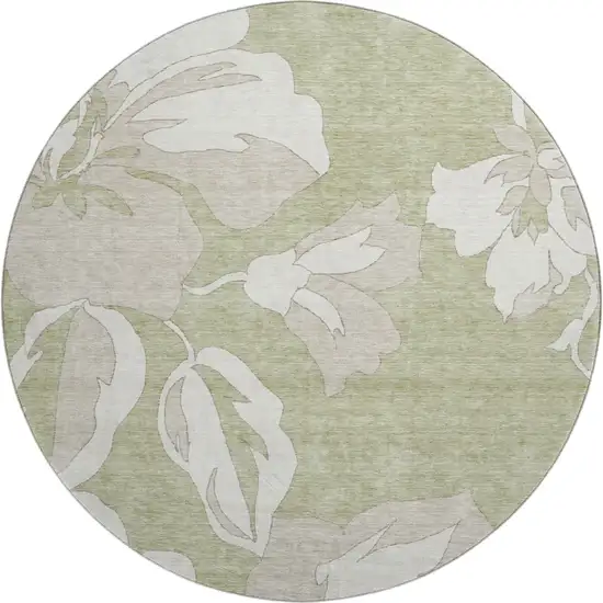8' Artichoke Green And Ivory Floral Washable Round Rug With UV Protection Photo 1