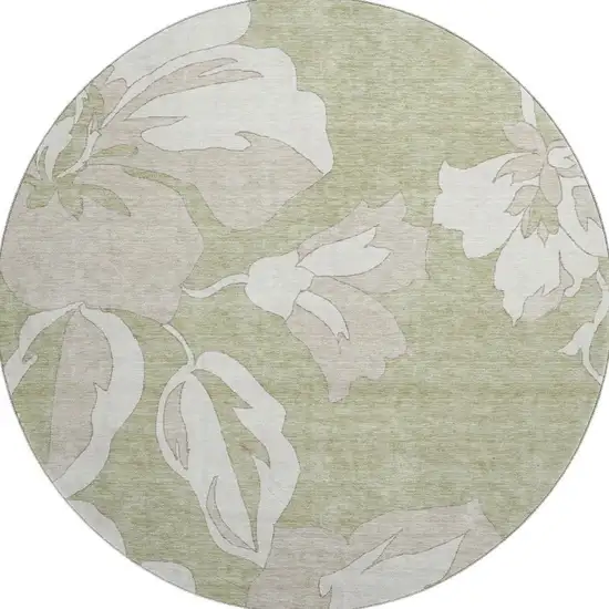 8' Artichoke Green And Ivory Floral Washable Round Rug With UV Protection Photo 4