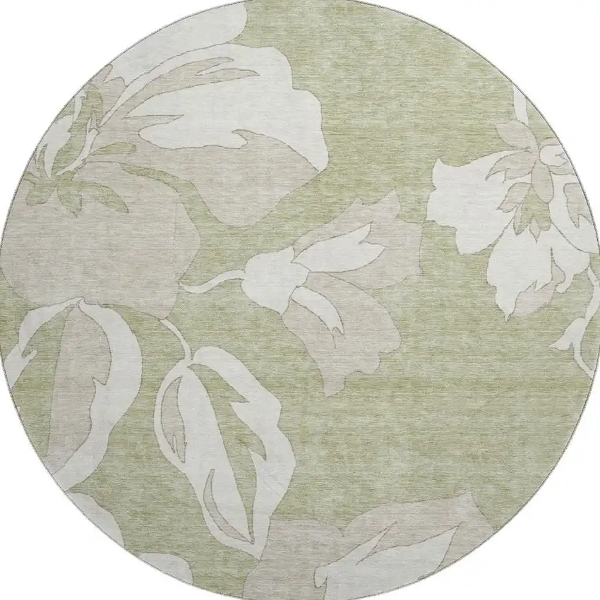 8' Artichoke Green And Ivory Floral Washable Round Rug With UV Protection Photo 4