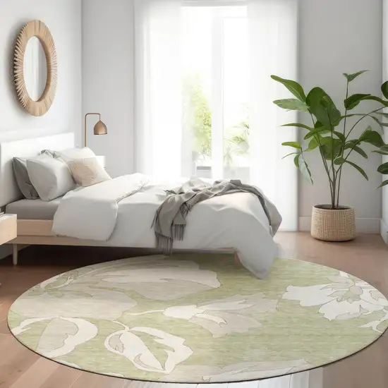 8' Artichoke Green And Ivory Floral Washable Round Rug With UV Protection Photo 5