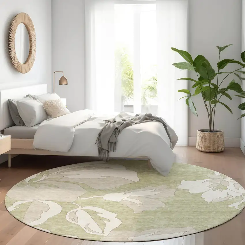 8' Artichoke Green And Ivory Floral Washable Round Rug With UV Protection Photo 5
