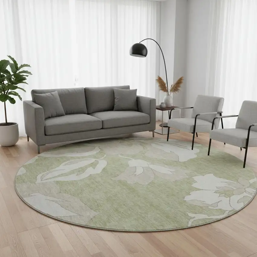 8' Artichoke Green And Ivory Floral Washable Round Rug With UV Protection Photo 2