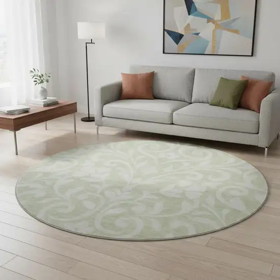8' Artichoke Green And Ivory Floral Washable Round Rug With UV Protection Photo 2