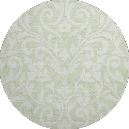 8' Artichoke Green And Ivory Floral Washable Round Rug With UV Protection Photo 4