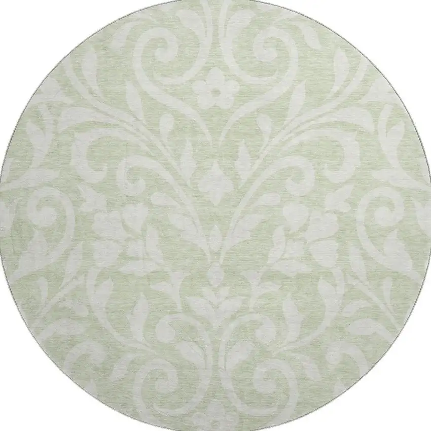 8' Artichoke Green And Ivory Floral Washable Round Rug With UV Protection Photo 4