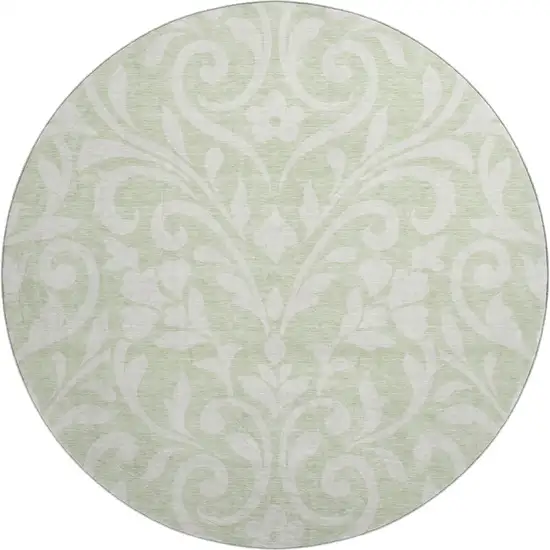 8' Artichoke Green And Ivory Floral Washable Round Rug With UV Protection Photo 1