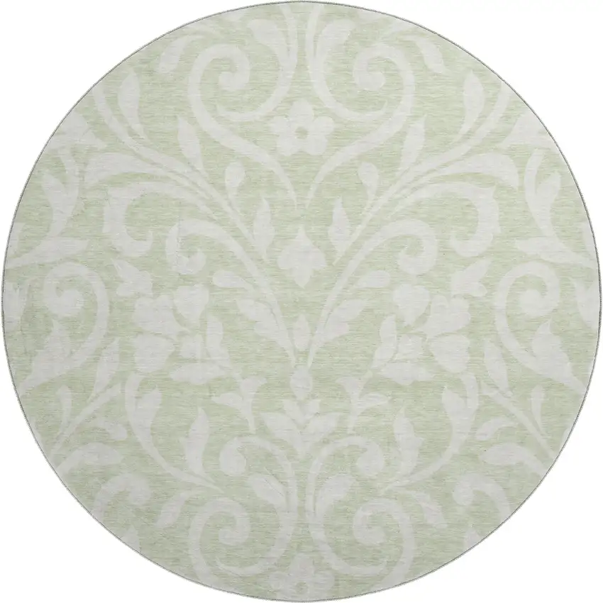 8' Artichoke Green And Ivory Floral Washable Round Rug With UV Protection Photo 1