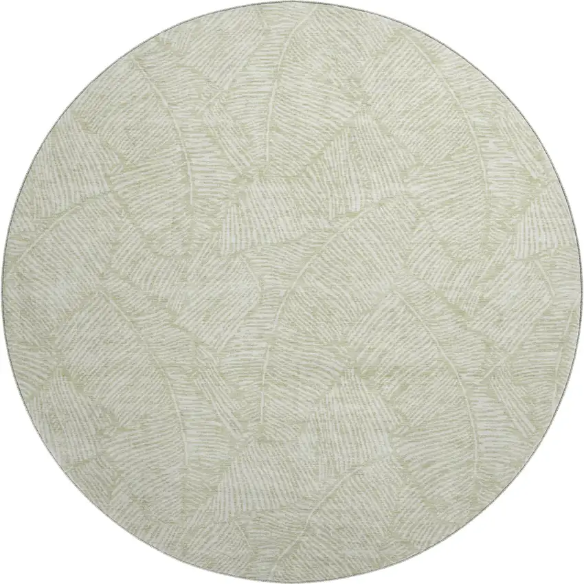 8' Artichoke Green And Ivory Floral Washable Round Rug With UV Protection Photo 1