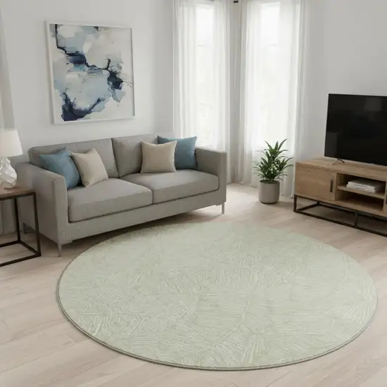 8' Artichoke Green And Ivory Floral Washable Round Rug With UV Protection Photo 2