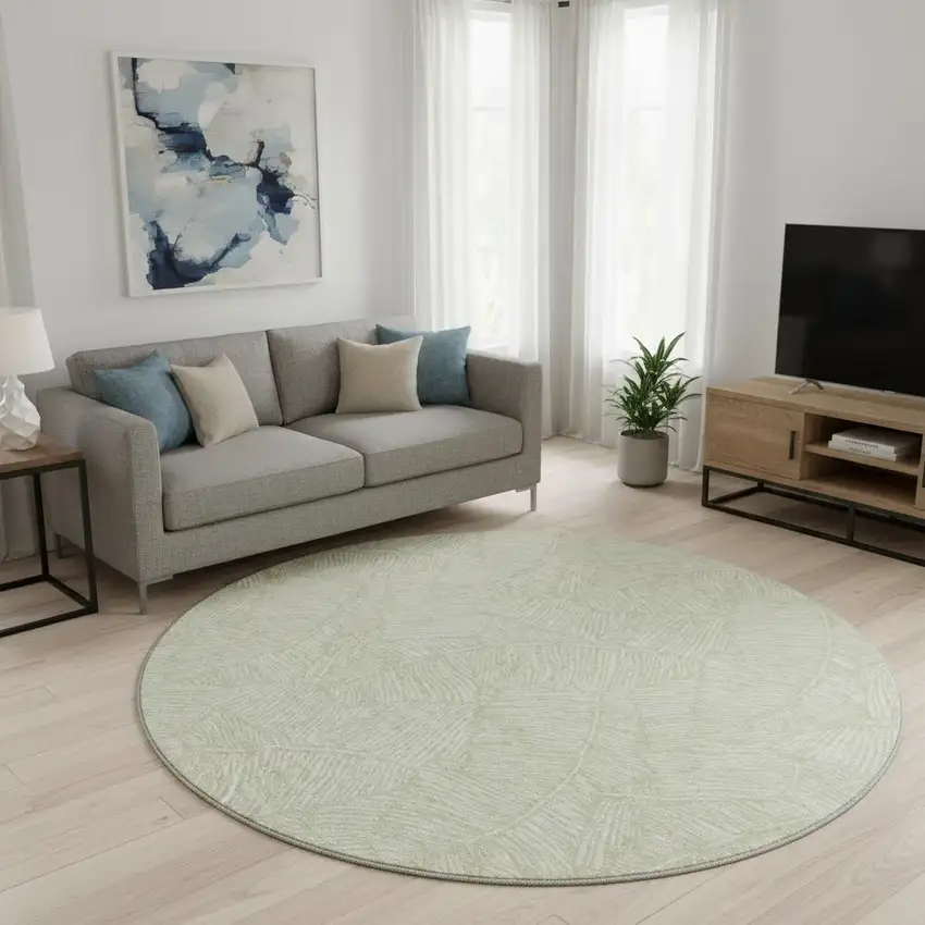 8' Artichoke Green And Ivory Floral Washable Round Rug With UV Protection Photo 2