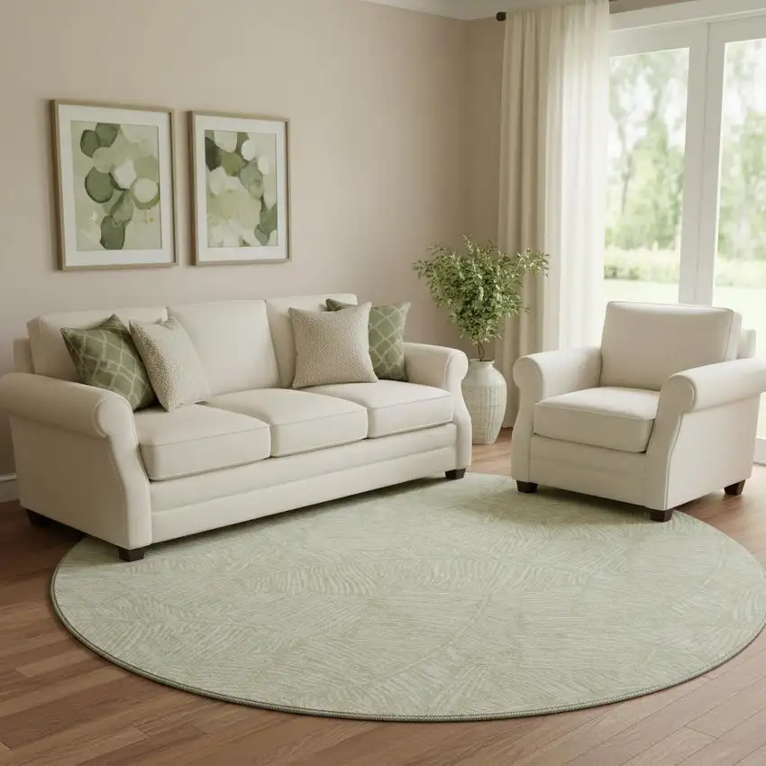 8' Artichoke Green And Ivory Floral Washable Round Rug With UV Protection Photo 1