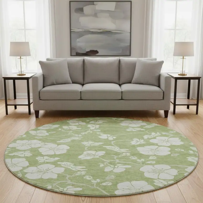 8' Artichoke Green And Ivory Floral Washable Round Rug With UV Protection Photo 2