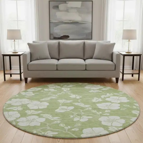 8' Artichoke Green And Ivory Floral Washable Round Rug With UV Protection Photo 2