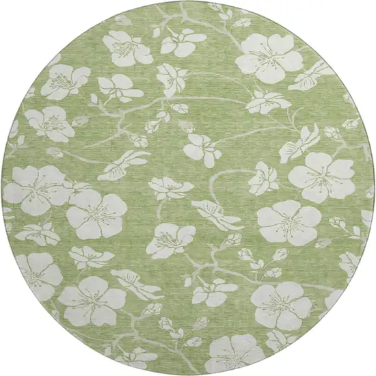 8' Artichoke Green And Ivory Floral Washable Round Rug With UV Protection Photo 1