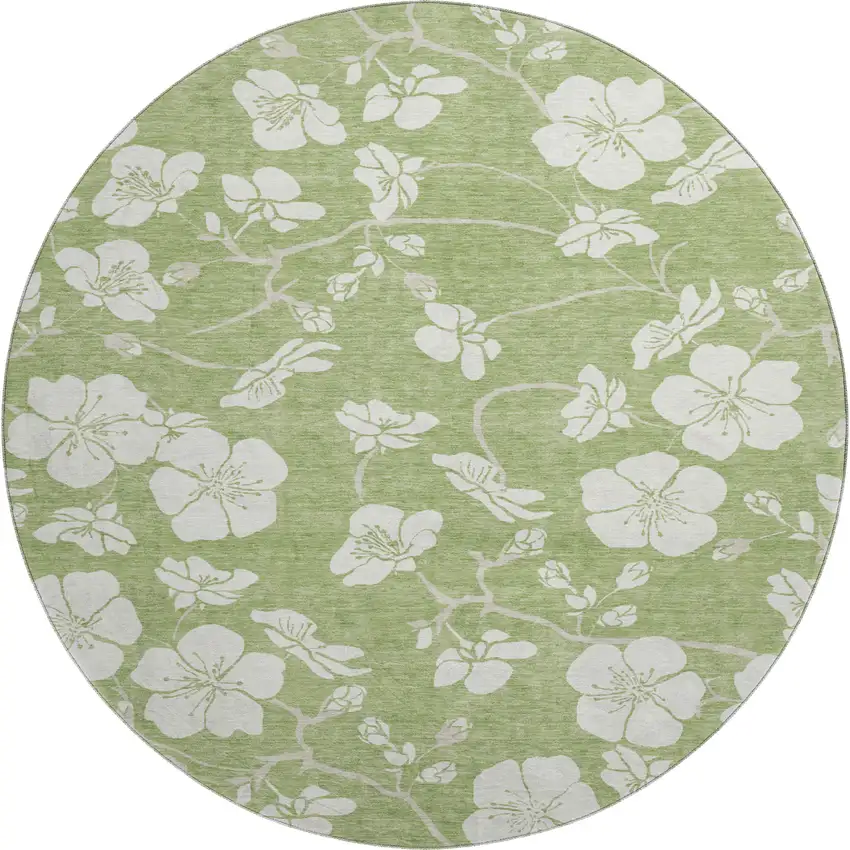 8' Artichoke Green And Ivory Floral Washable Round Rug With UV Protection Photo 1