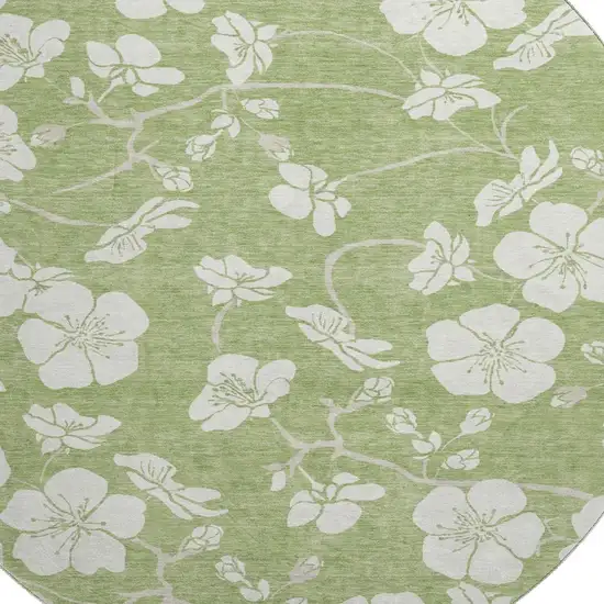 8' Artichoke Green And Ivory Floral Washable Round Rug With UV Protection Photo 2