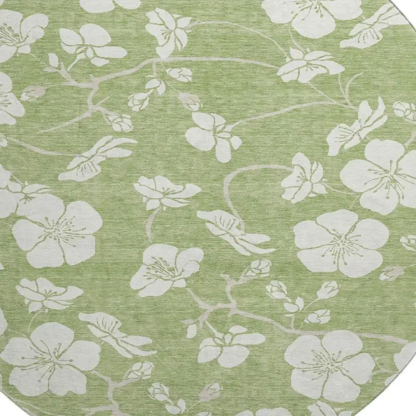 8' Artichoke Green And Ivory Floral Washable Round Rug With UV Protection Photo 2