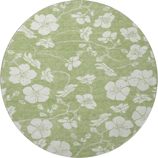 8' Artichoke Green And Ivory Floral Washable Round Rug With UV Protection Photo 3