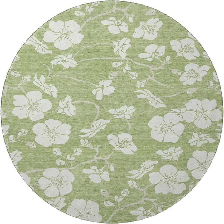 8' Artichoke Green And Ivory Floral Washable Round Rug With UV Protection Photo 3