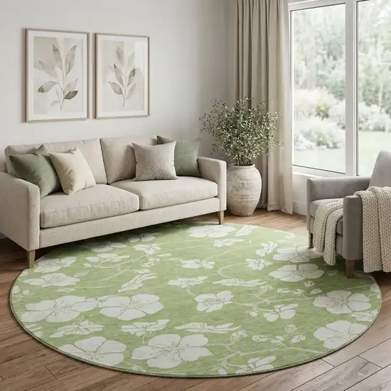 8' Artichoke Green And Ivory Floral Washable Round Rug With UV Protection Photo 1