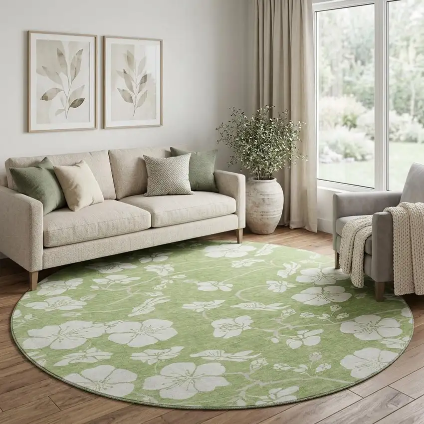 8' Artichoke Green And Ivory Floral Washable Round Rug With UV Protection Photo 1