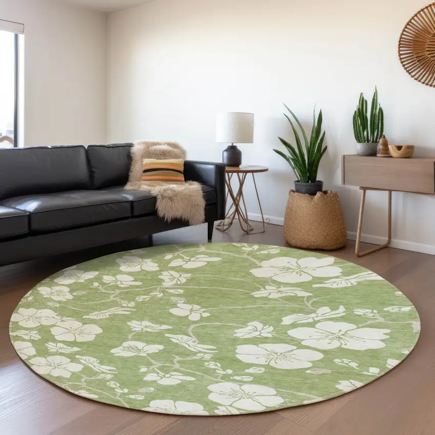 8' Artichoke Green And Ivory Floral Washable Round Rug With UV Protection Photo 4