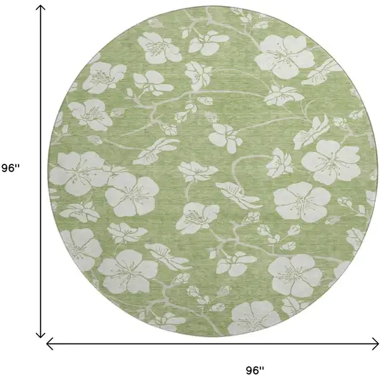 8' Artichoke Green And Ivory Floral Washable Round Rug With UV Protection Photo 9