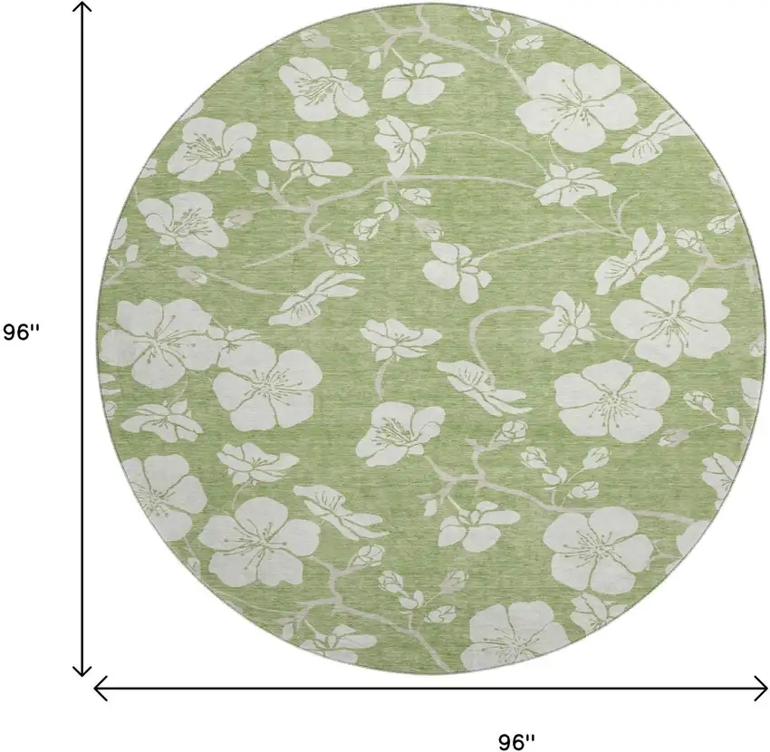 8' Artichoke Green And Ivory Floral Washable Round Rug With UV Protection Photo 9