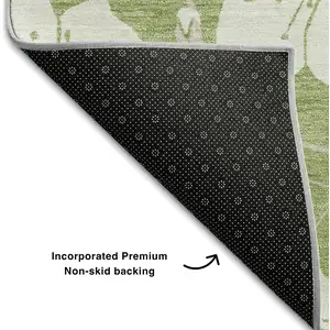 Photo of 8' Artichoke Green And Ivory Floral Washable Round Rug With UV Protection