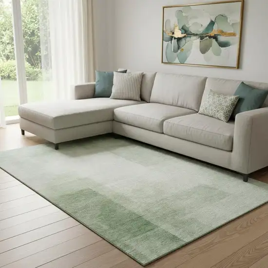 8' Artichoke Green And Ivory Geometric Washable Area Rug With UV Protection Photo 2