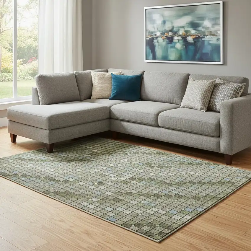 8' Artichoke Green And Ivory Geometric Washable Area Rug With UV Protection Photo 2