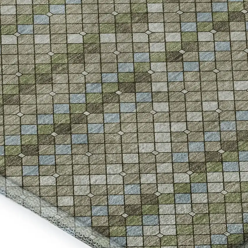 8' Artichoke Green And Ivory Geometric Washable Area Rug With UV Protection Photo 2