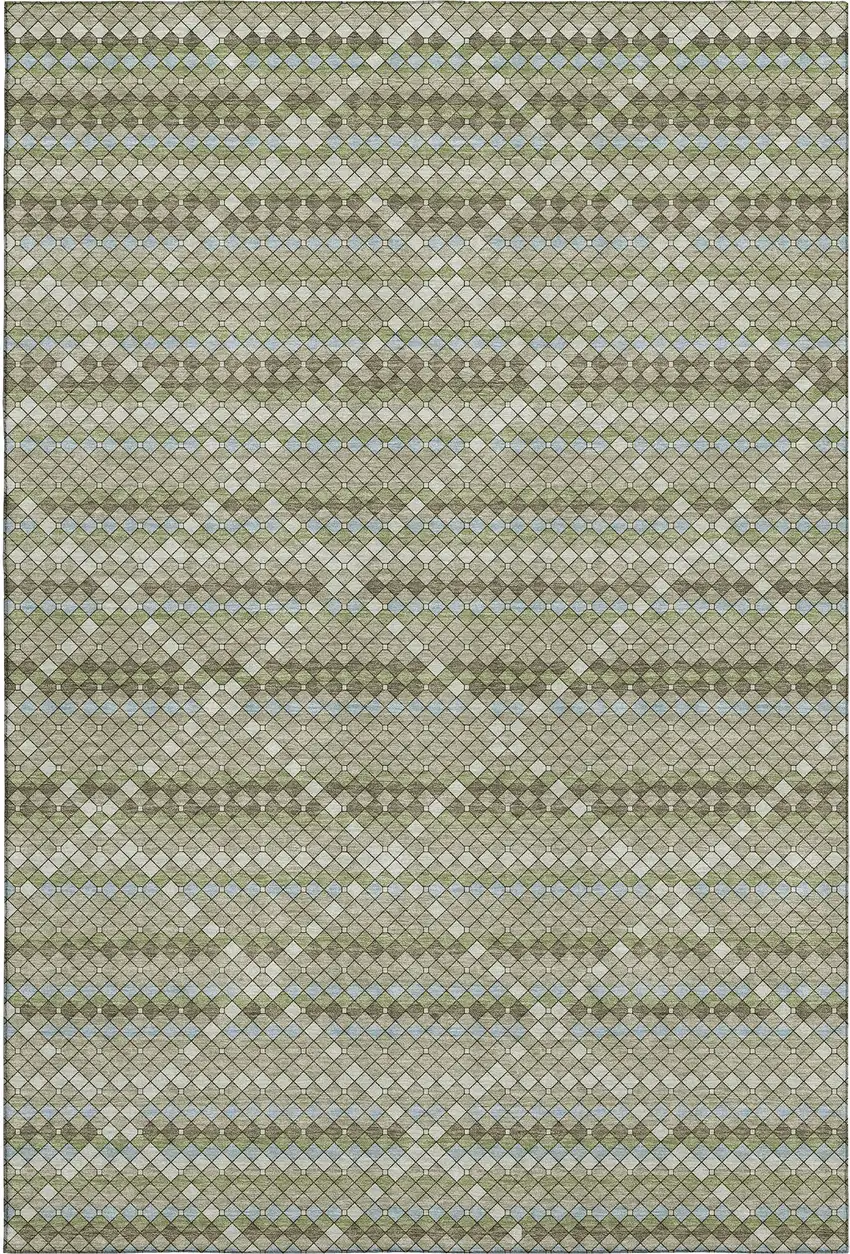 8' Artichoke Green And Ivory Geometric Washable Area Rug With UV Protection Photo 6