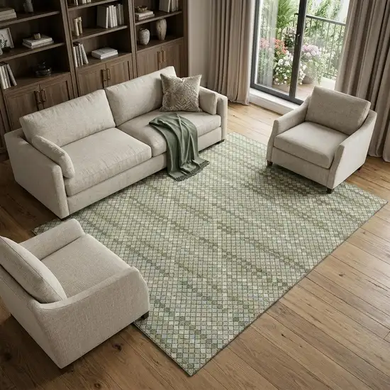 8' Artichoke Green And Ivory Geometric Washable Area Rug With UV Protection Photo 1
