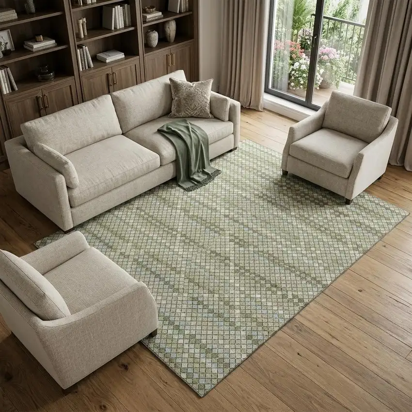 8' Artichoke Green And Ivory Geometric Washable Area Rug With UV Protection Photo 1