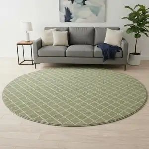 Photo of 8' Artichoke Green And Ivory Geometric Washable Round Rug With UV Protection