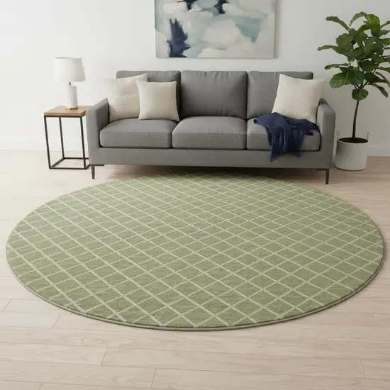 8' Artichoke Green And Ivory Geometric Washable Round Rug With UV Protection Photo 1