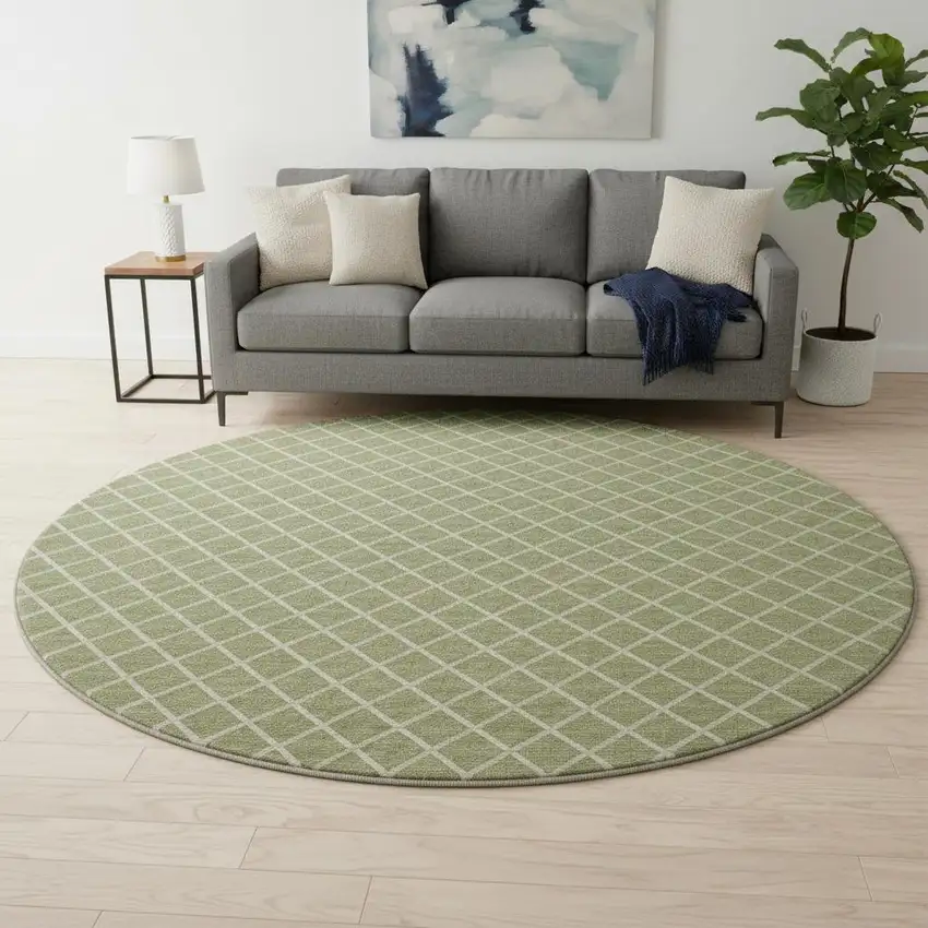 8' Artichoke Green And Ivory Geometric Washable Round Rug With UV Protection Photo 1