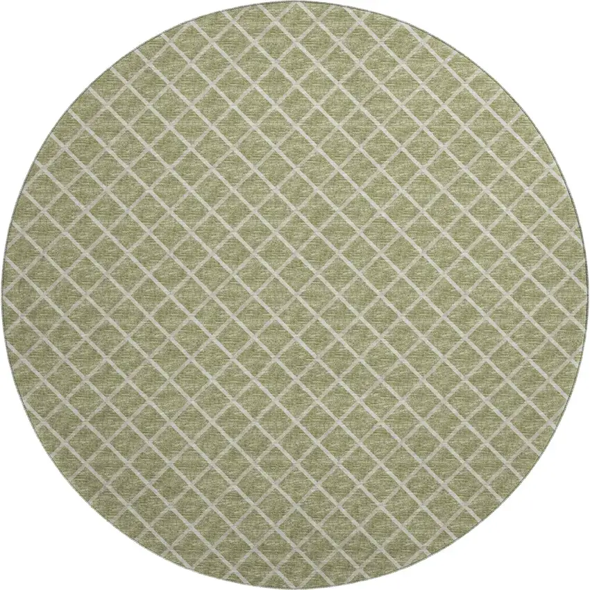 8' Artichoke Green And Ivory Geometric Washable Round Rug With UV Protection Photo 2