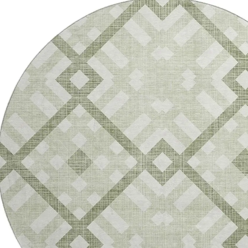 8' Artichoke Green And Ivory Geometric Washable Round Rug With UV Protection Photo 2