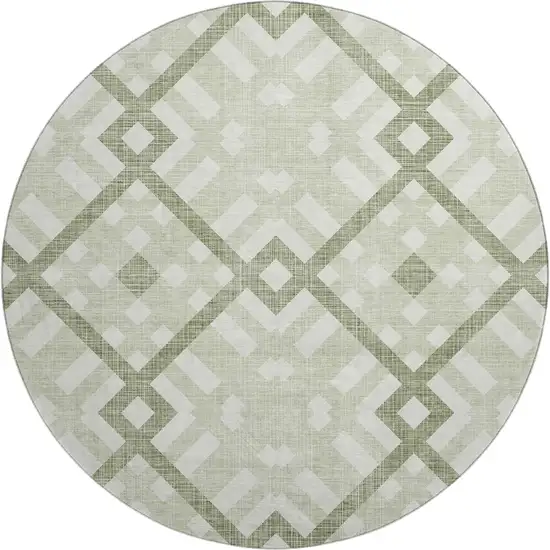 8' Artichoke Green And Ivory Geometric Washable Round Rug With UV Protection Photo 1