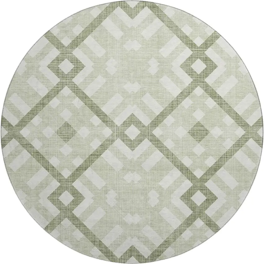 8' Artichoke Green And Ivory Geometric Washable Round Rug With UV Protection Photo 1