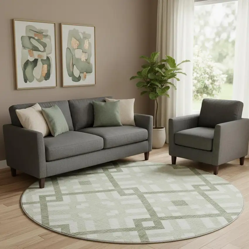 8' Artichoke Green And Ivory Geometric Washable Round Rug With UV Protection Photo 1