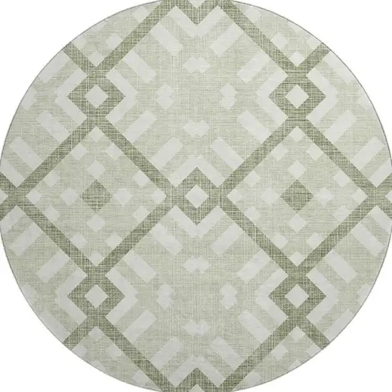 8' Artichoke Green And Ivory Geometric Washable Round Rug With UV Protection Photo 3