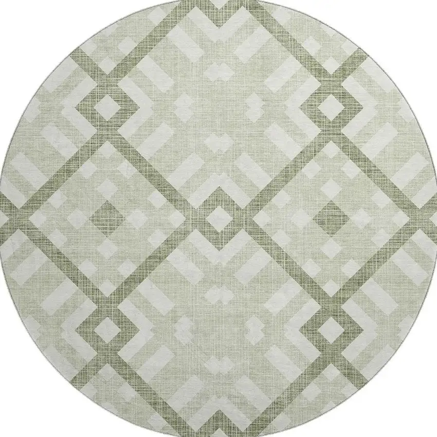 8' Artichoke Green And Ivory Geometric Washable Round Rug With UV Protection Photo 3