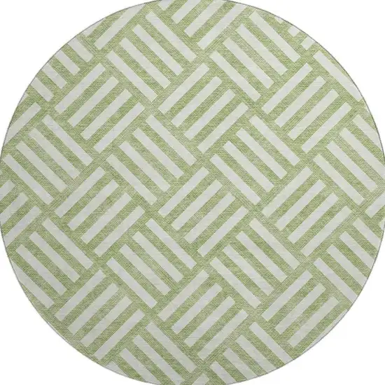 8' Artichoke Green And Ivory Geometric Washable Round Rug With UV Protection Photo 3